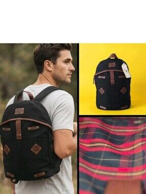 Will Leather Goods Eugene, OR Black Canvas/Brown Leather Laptop Backpack-NWT
